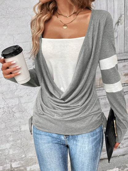 Cowl Neck Long Sleeve Fake Two-Piece T-Shirt New Era Fashion LLc