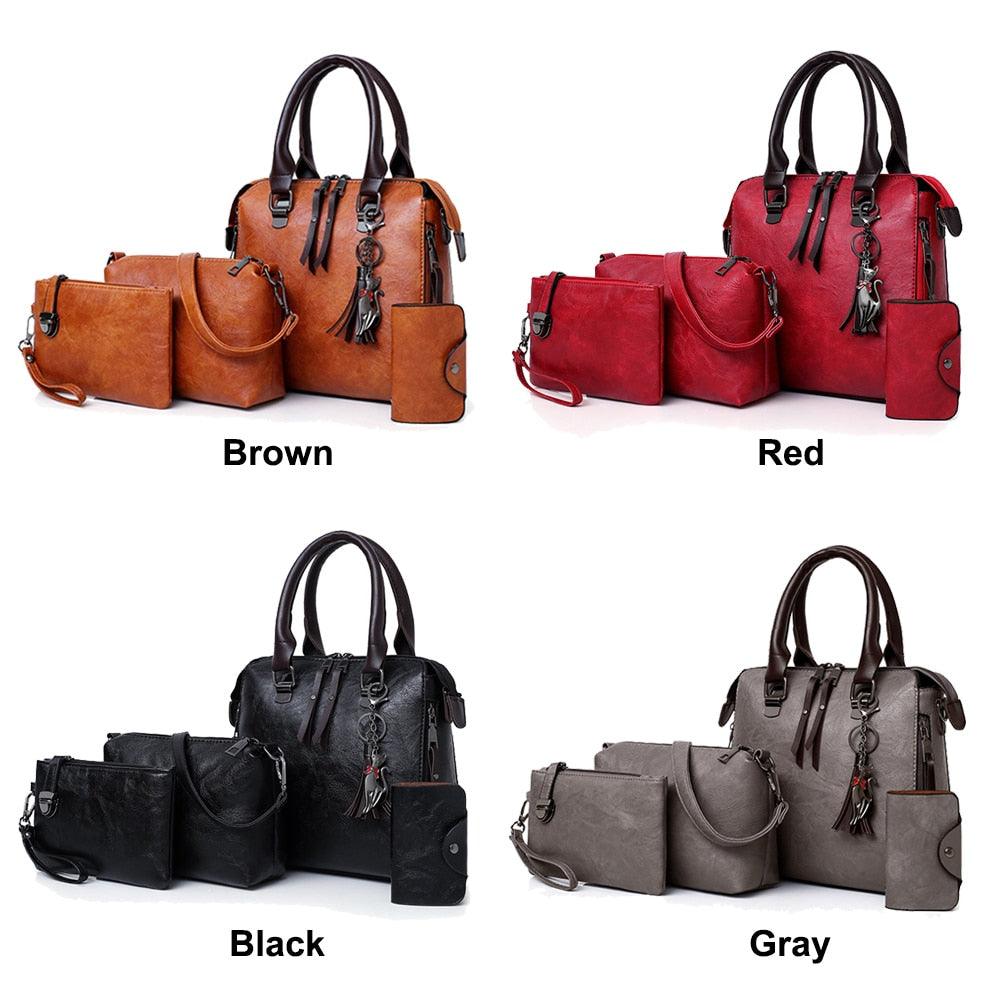 Vintage Leather 4-Piece Messenger Bag Set | Luxury Leather Tote, Clutch & Wallet Set Country in My Heart