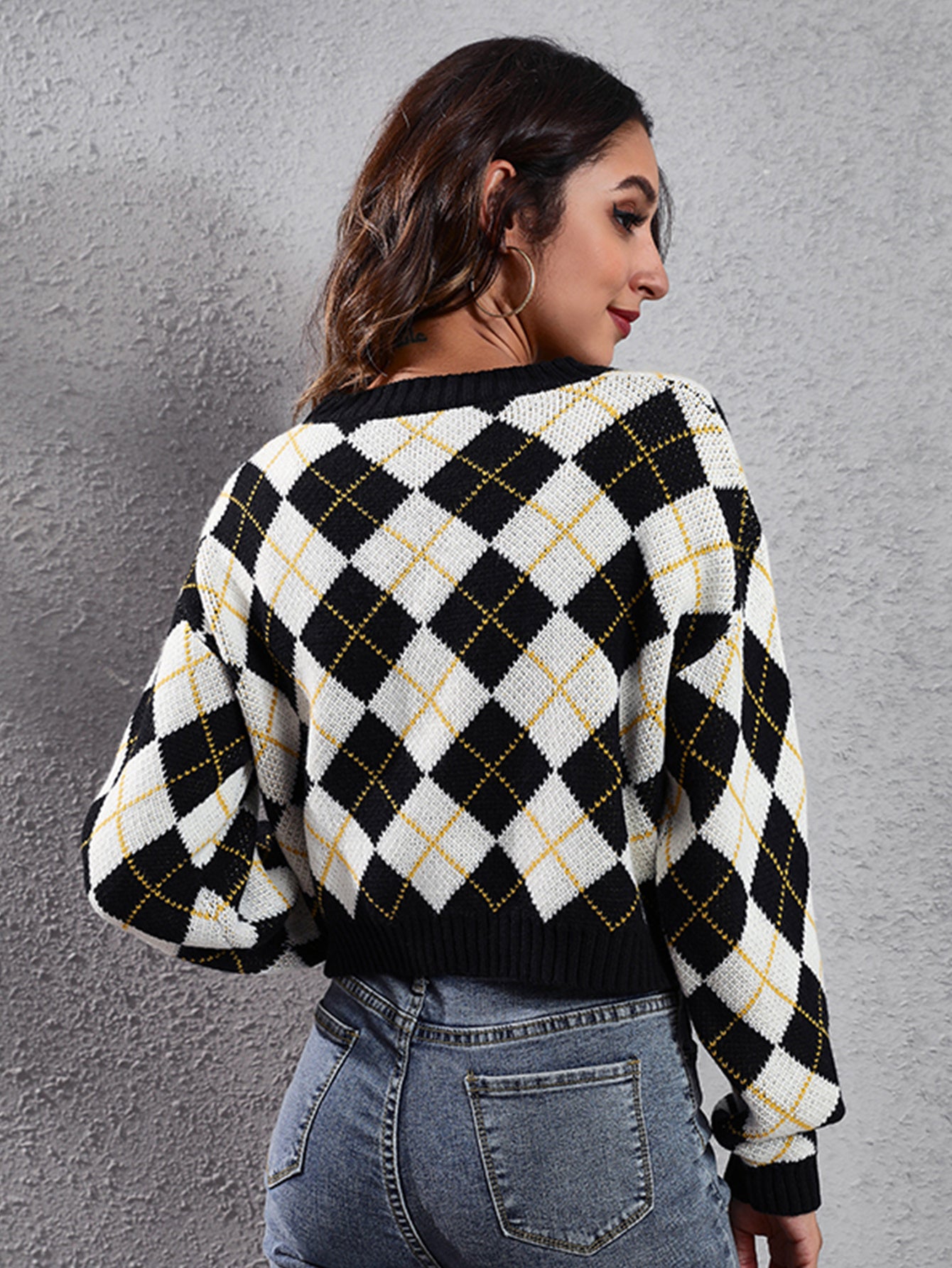 Women'S Elegant Tartan Knit Cardigan, V-Neck Short Length Sweater with Button Detail, Acrylic 100% Long Sleeve Knitwear for Fall/Winter NovaCart
