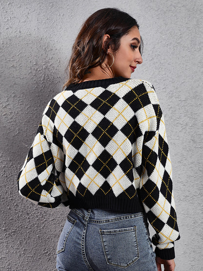 Women'S Elegant Tartan Knit Cardigan, V-Neck Short Length Sweater with Button Detail, Acrylic 100% Long Sleeve Knitwear for Fall/Winter NovaCart