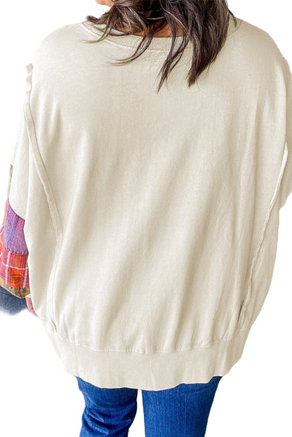 Beige Plus Size Plaid Patchwork Sleeve Pullover Top Garden Naked Curves