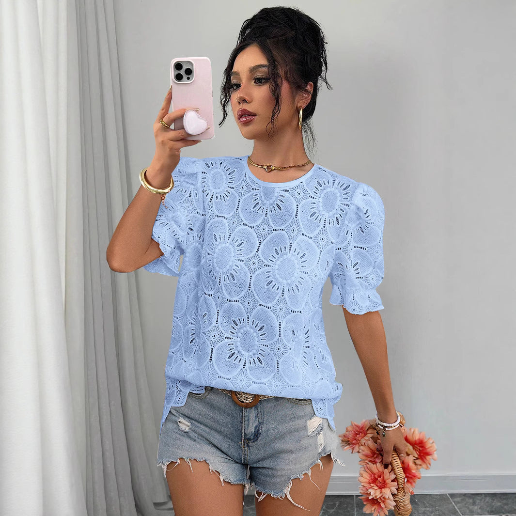 Women's Hollow-Out Lace Puff-Sleeve Shirt Top – Loose Fit FitiqueFit