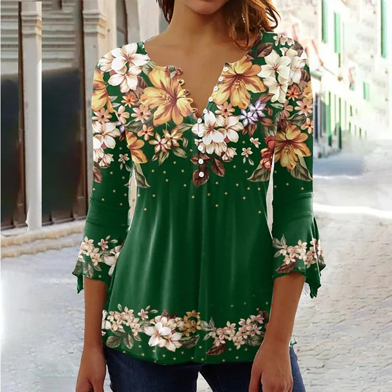 Women’s V-Neck 3/4 Sleeve Button-Front Tunic Blouse FitiqueFit