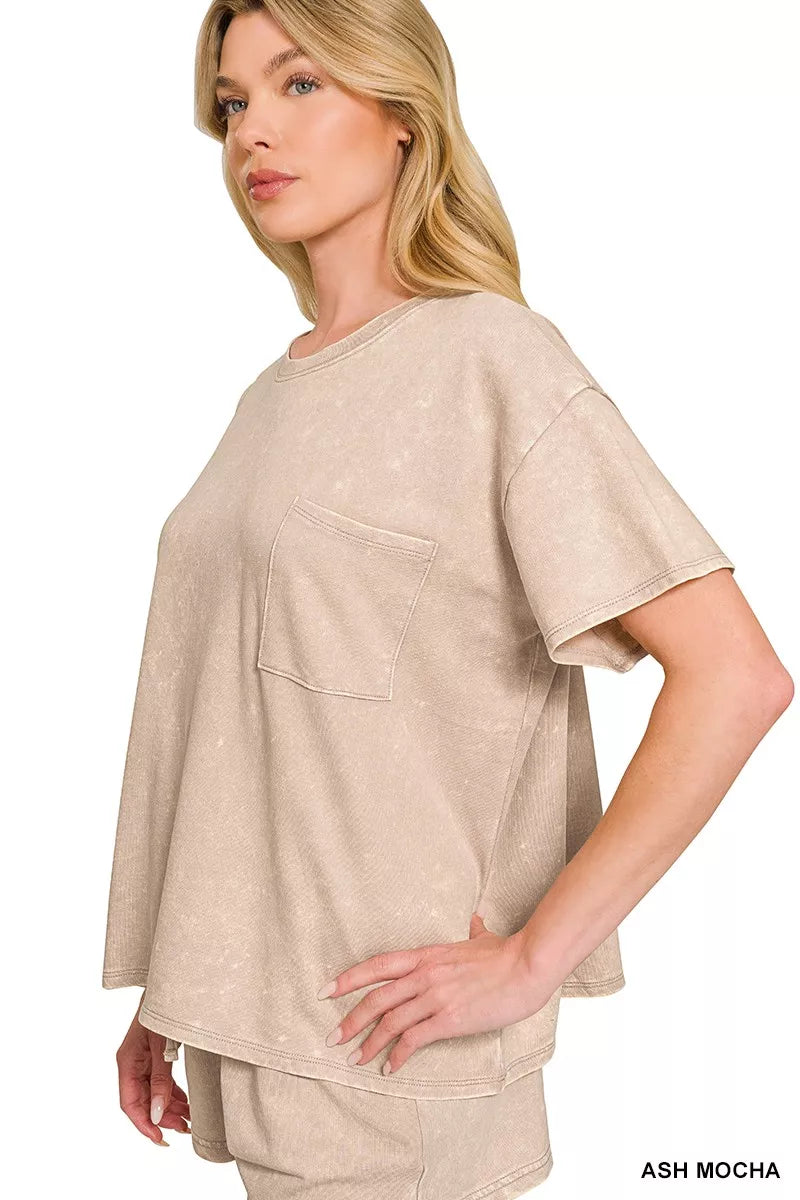 Zenana French Terry Acid Washed Relaxed Top & Short Set New Era Fashion LLc