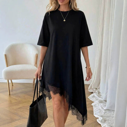 Women's Lace Trim Asymmetric Three-Quarter Sleeve Dress FitiqueFit