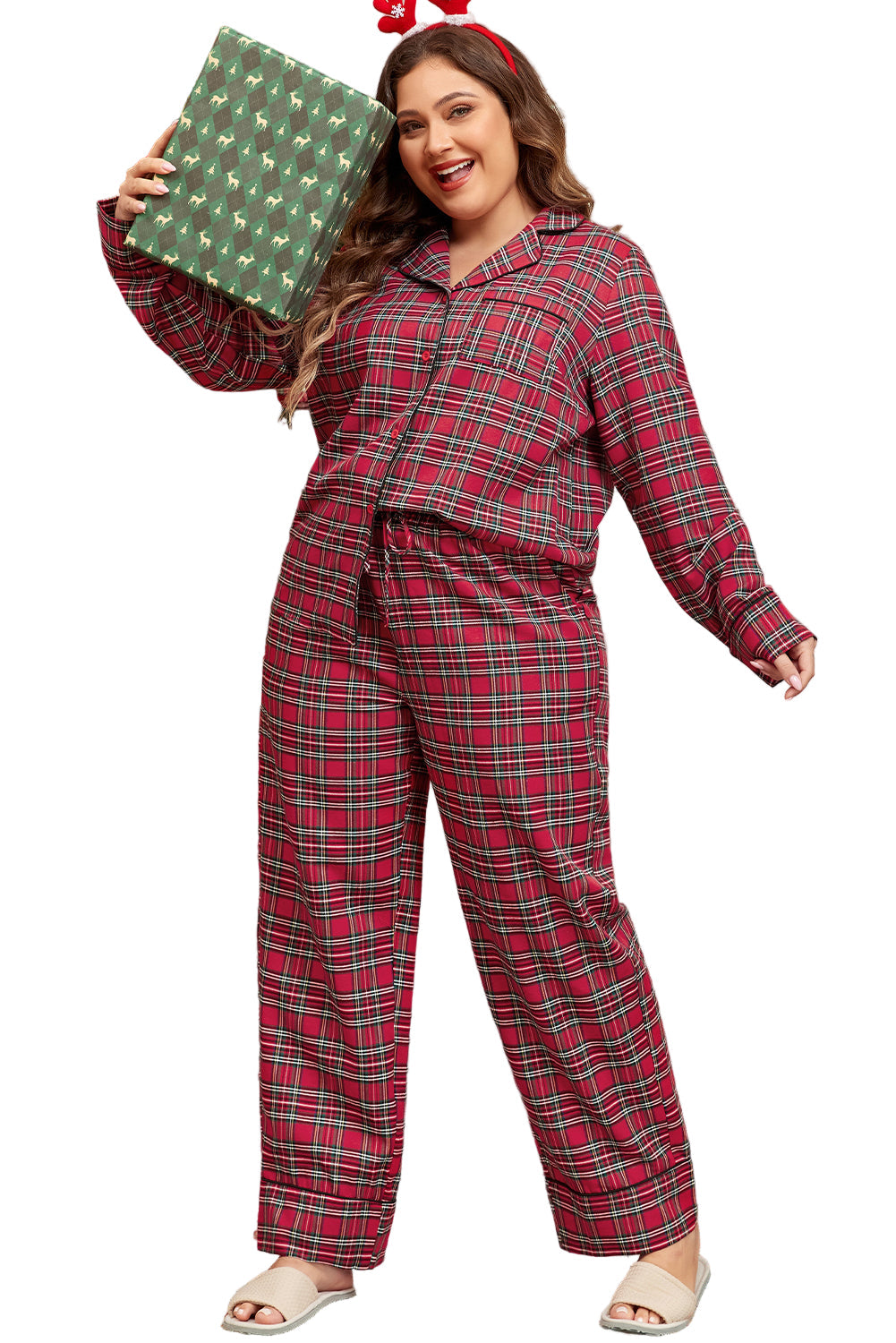 Red Plaid Printed Shirt and Pants Plus Size Lounge Set Garden Naked Curves