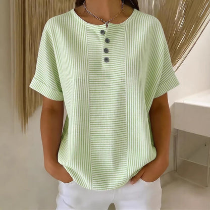 Women's Cotton Linen Striped T-Shirt – V-Neck, Button Detail, Loose Fit FitiqueFit