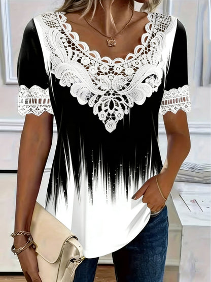 Women's Lace Patchwork Crew Neck Short Sleeve T-Shirt FitiqueFit