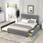Queen Upholstered Platform Bed with Twin Size Trundle and Two Drawers Grey