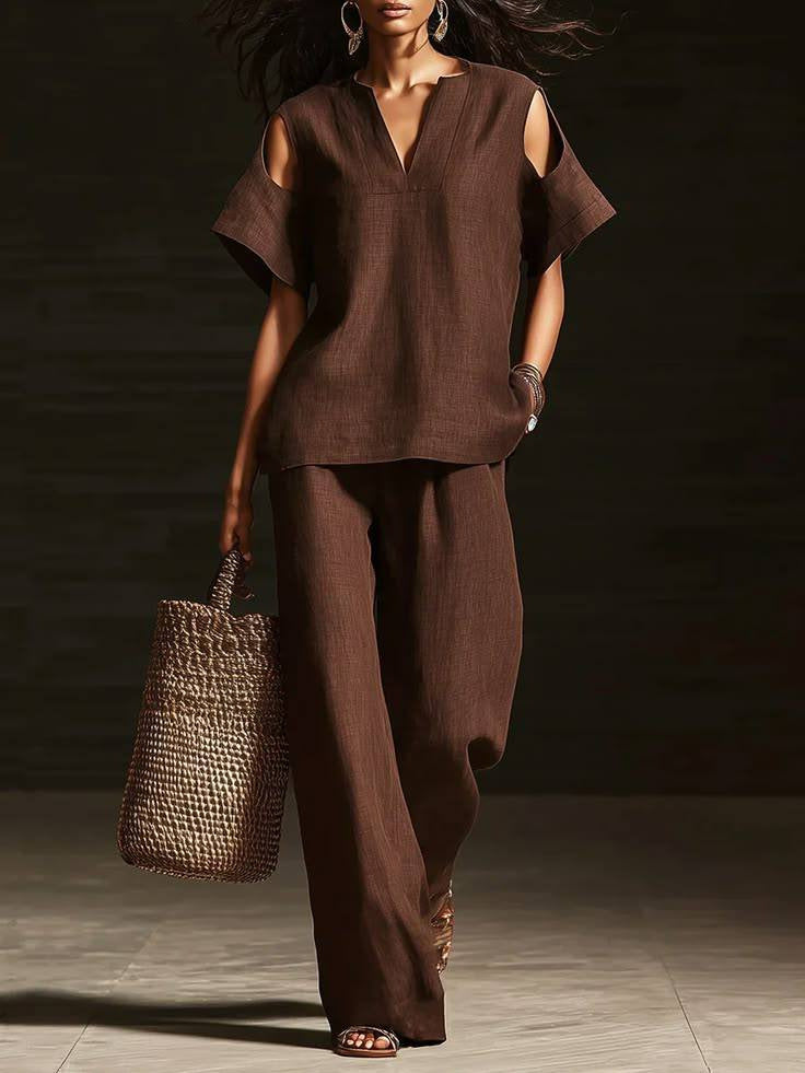V-Neck Short Sleeve Top & Straight-Leg Pants Set – Ripped Detail, Pockets, Solid Color FitiqueFit