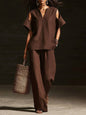 V-Neck Short Sleeve Top & Straight-Leg Pants Set – Ripped Detail, Pockets, Solid Color FitiqueFit