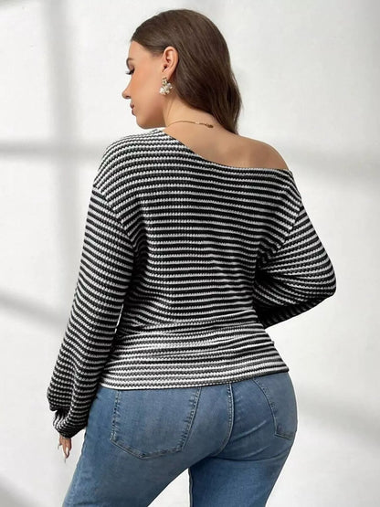 Plus Size Striped One-Shoulder Long Sleeve T-Shirt See size chart under “more details” The Fashion Celestial