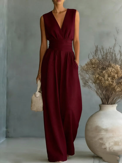 Women's Elegant V-Neck Sleeveless Jumpsuit – Waist-Cinching Straight Leg FitiqueFit