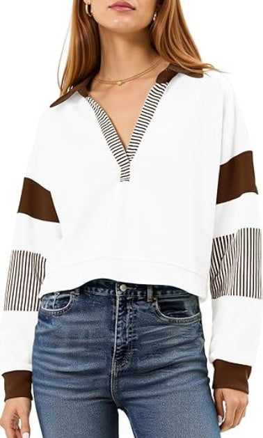 Color‑Block Cropped Polo V‑Neck Sweatshirt FitiqueFit