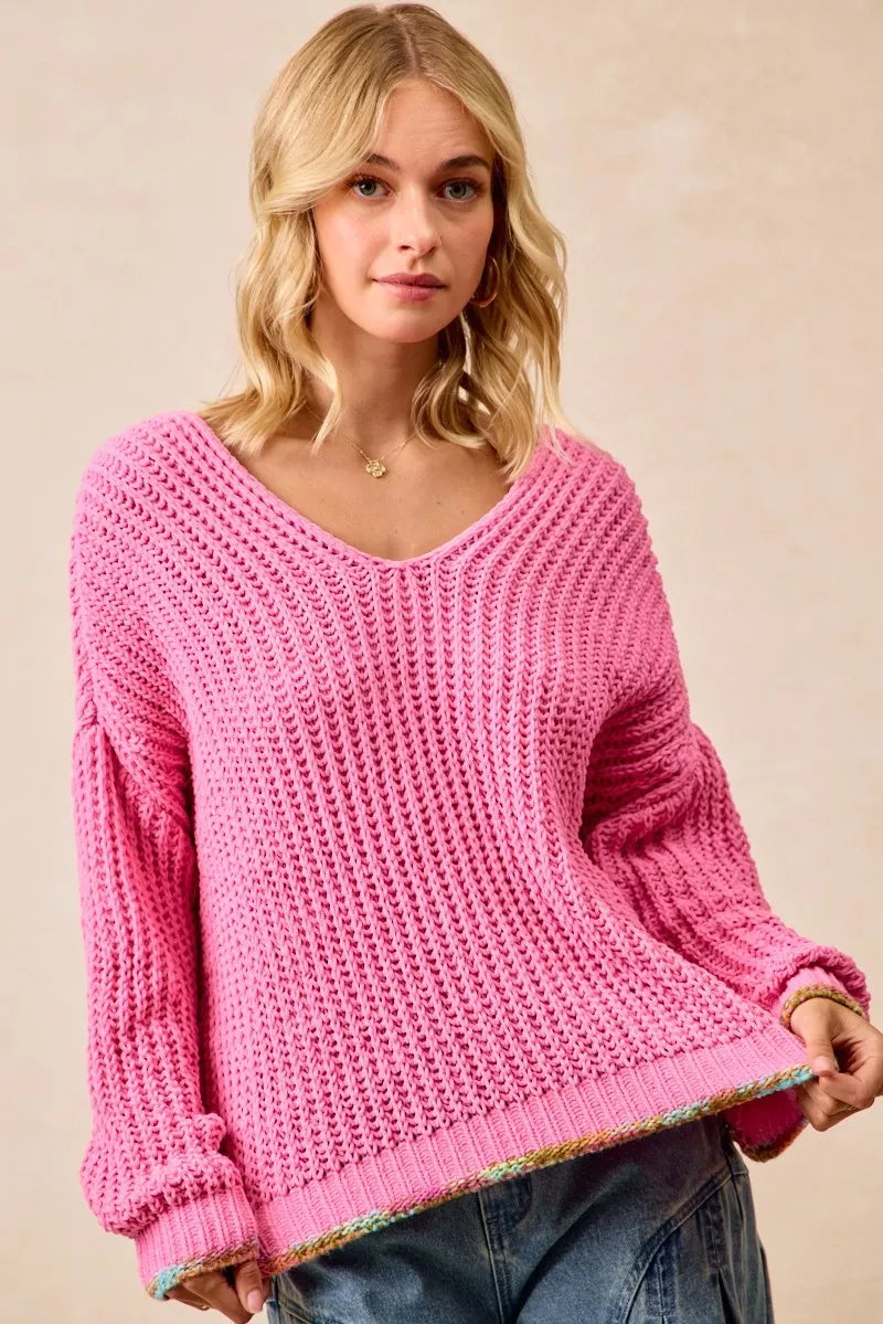BiBi V-Neck Sweater with Colorful Trim FitiqueFit