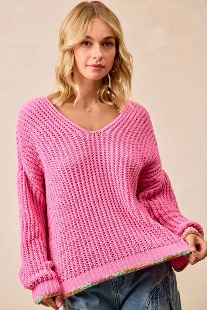 BiBi V-Neck Sweater with Colorful Trim FitiqueFit