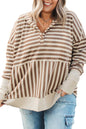 Brown Stripe Drop Sleeve Plus Size Henley Hoodie Garden Naked Curves