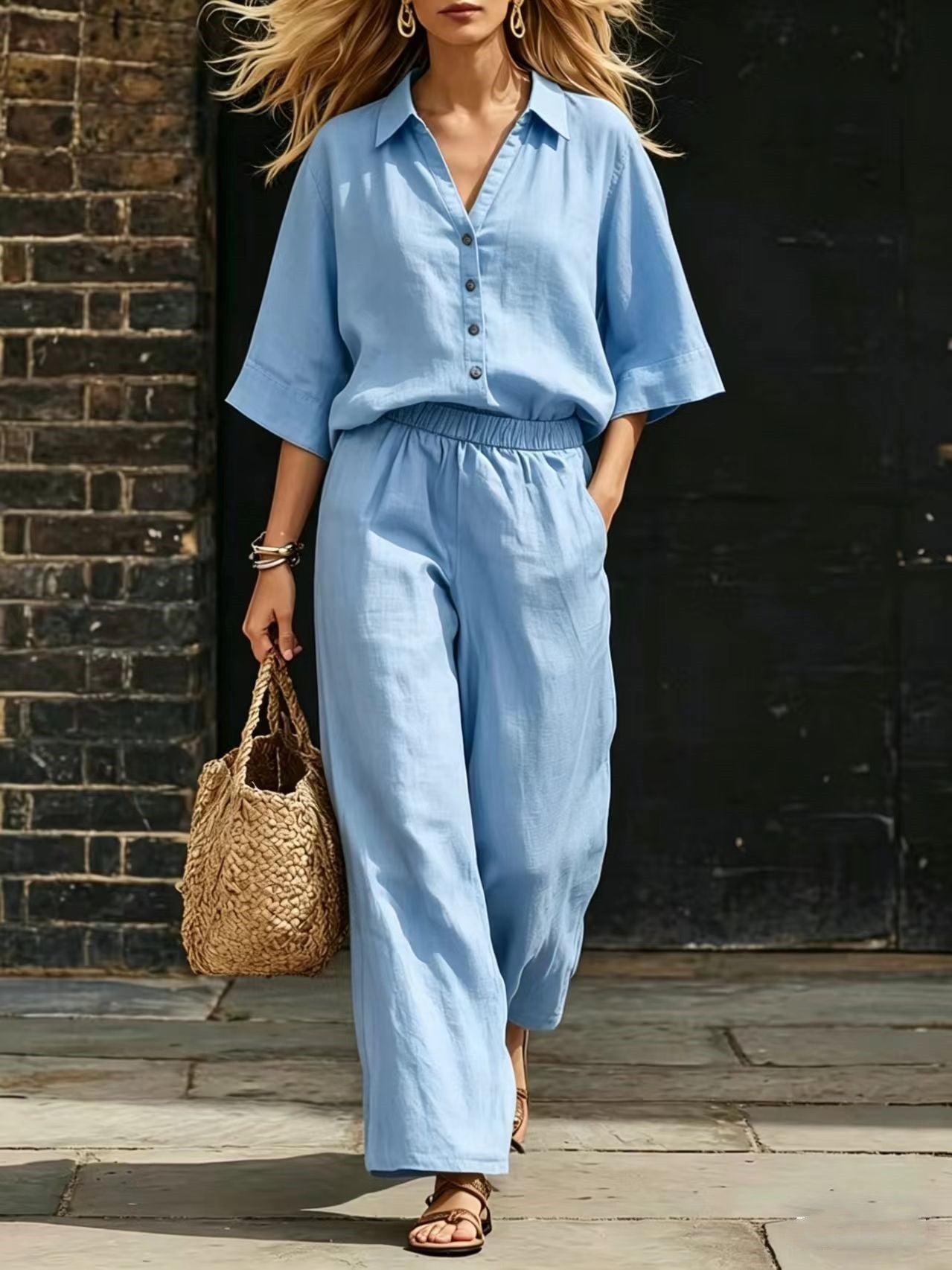 Short-Sleeve Shirt & Loose Pants Set – Casual Two-Piece FitiqueFit