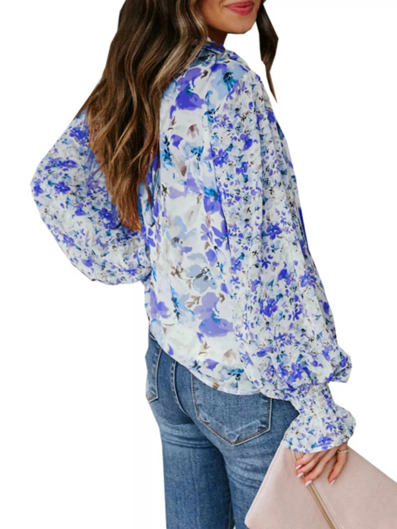 Full Size Floral Print Smocked Cuff Blouse Plus Size New Era Fashion LLc