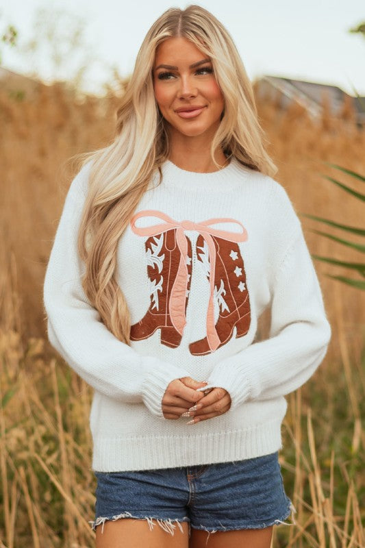 Western Bow Boots Embroidered Drop Shoulder Sweate Shop Style & More | Fresh Looks, Everyday Deals & Free Shipping