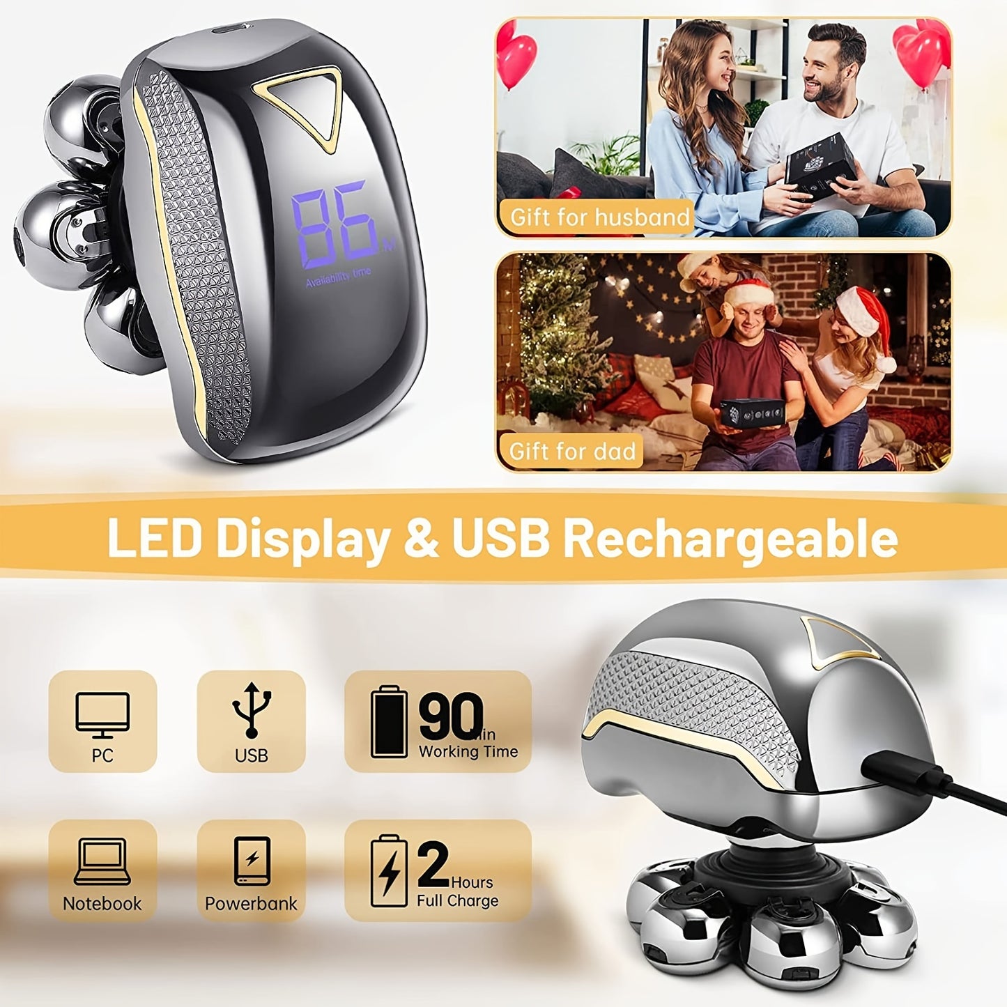 Men's Electronic Head Shaver Razor - Rechargeable Cordless Hair Shaving Razors For Bald Man 6 In 1 Wet Dry Beard Trimmer Body Hair Cutting Clipper Grooming Kit 7 Rotary Heads NovaCart