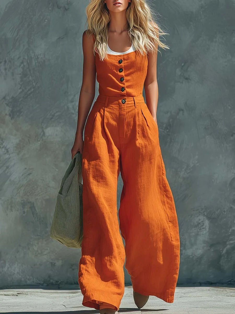 Women's Retro Button-Front High-Waist Wide-Leg Jumpsuit FitiqueFit