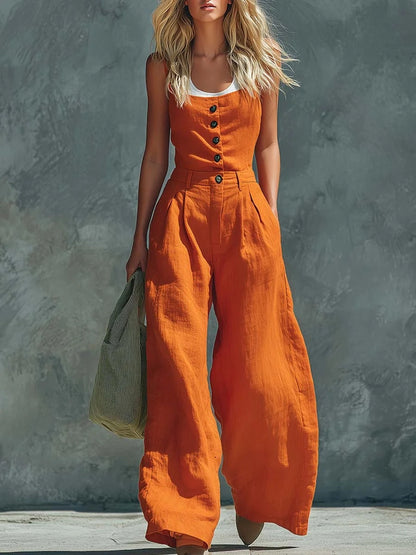 Women's Retro Button-Front High-Waist Wide-Leg Jumpsuit FitiqueFit