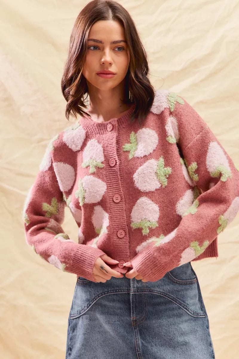 SO ME Strawberry Fruit All Over Button Sweater Cardigan FitiqueFit