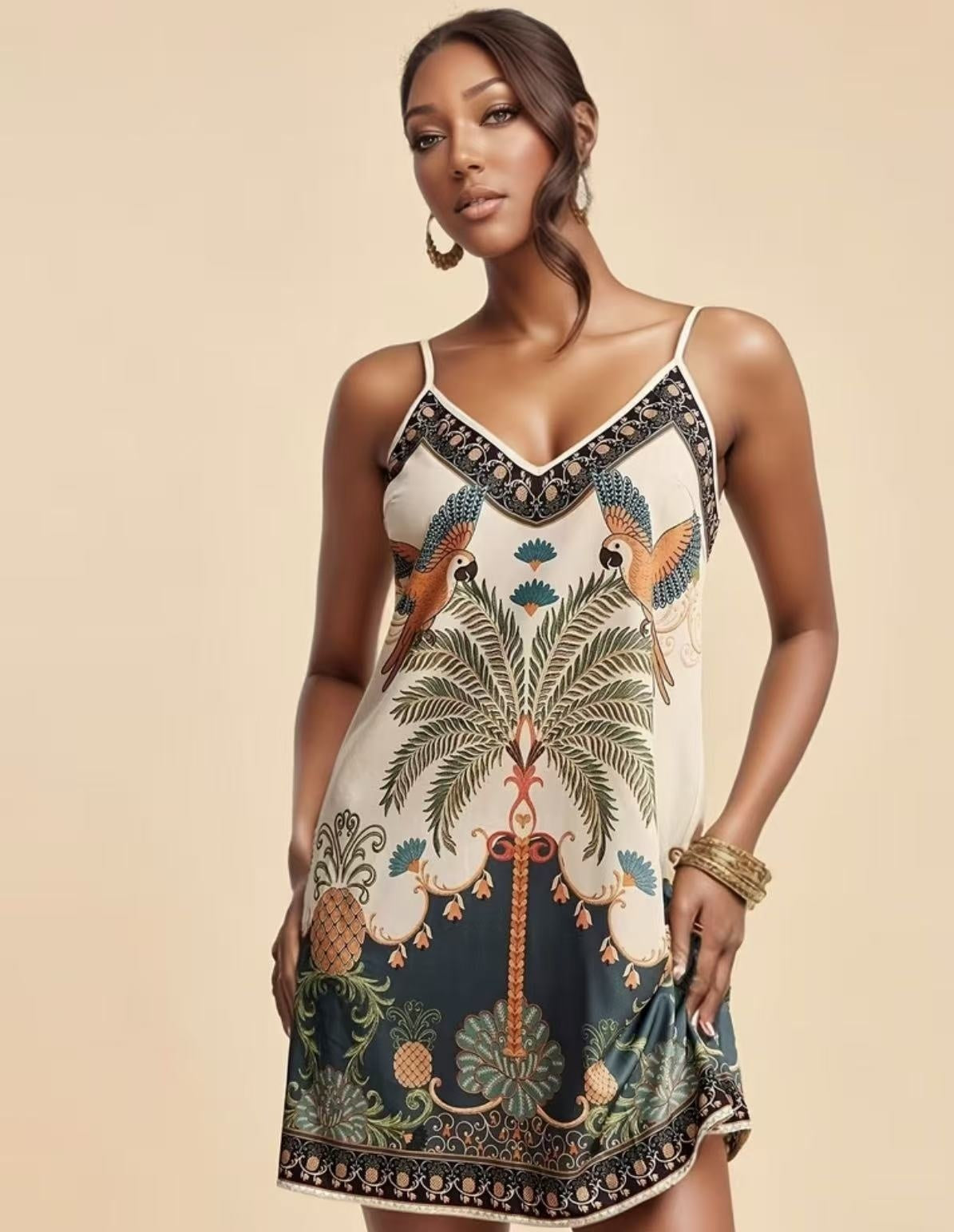 European and American-Style Tropical Print V-Neck Slip Dress FitiqueFit