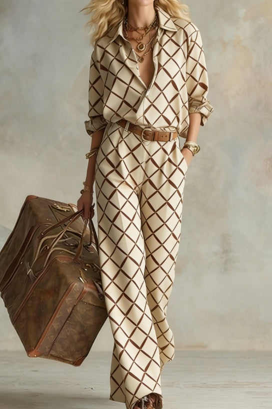Women's Vertical Stripe Collared Loose Long-Sleeve Shirt & Wide-Leg Pants Set FitiqueFit
