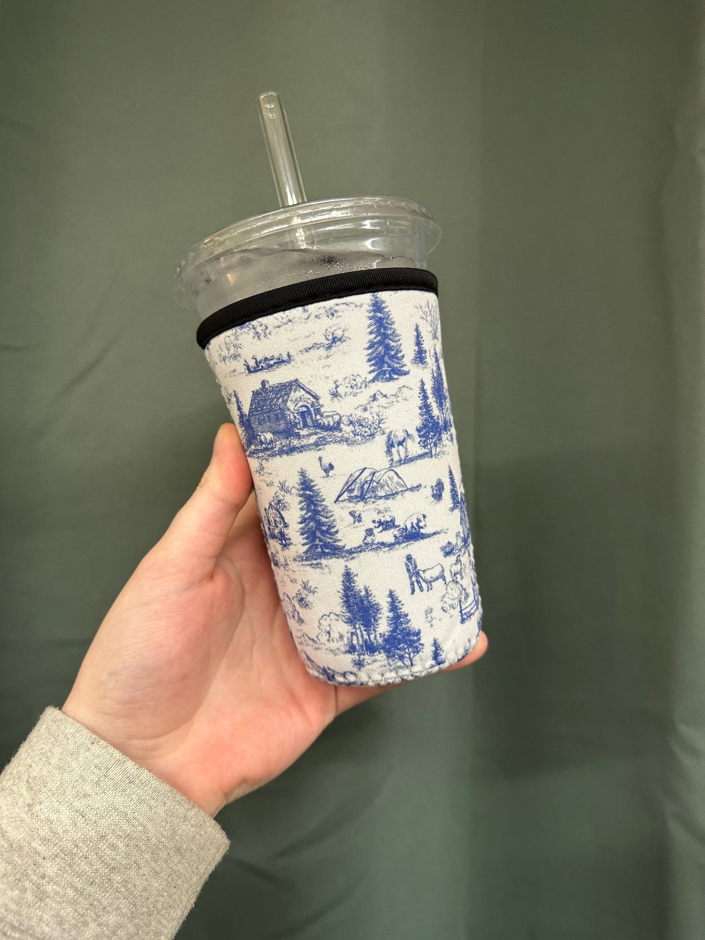 Western Barn Toile Coffee Sleeve | Reusable Neoprene Iced Coffee Cup Cover (16–24oz) BashDesignsCo