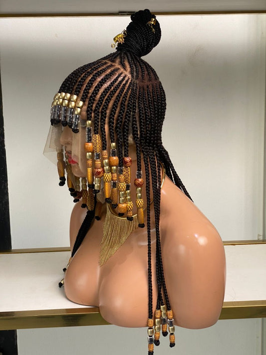 Queen Arewa Cornrow Beaded Wig (100% Full Lace Base) Color 1B Poshglad Braided Wigs