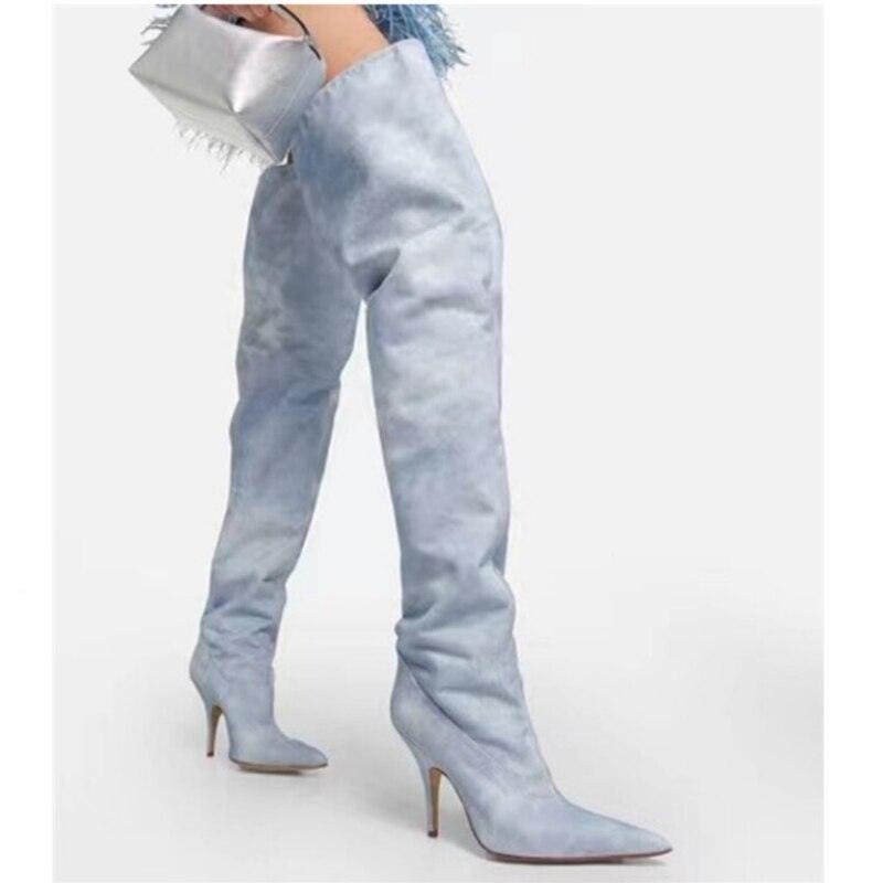 Women's Ultra-High Heel Denim Pointed Toe Catwalk Knee Boots Country in My Heart