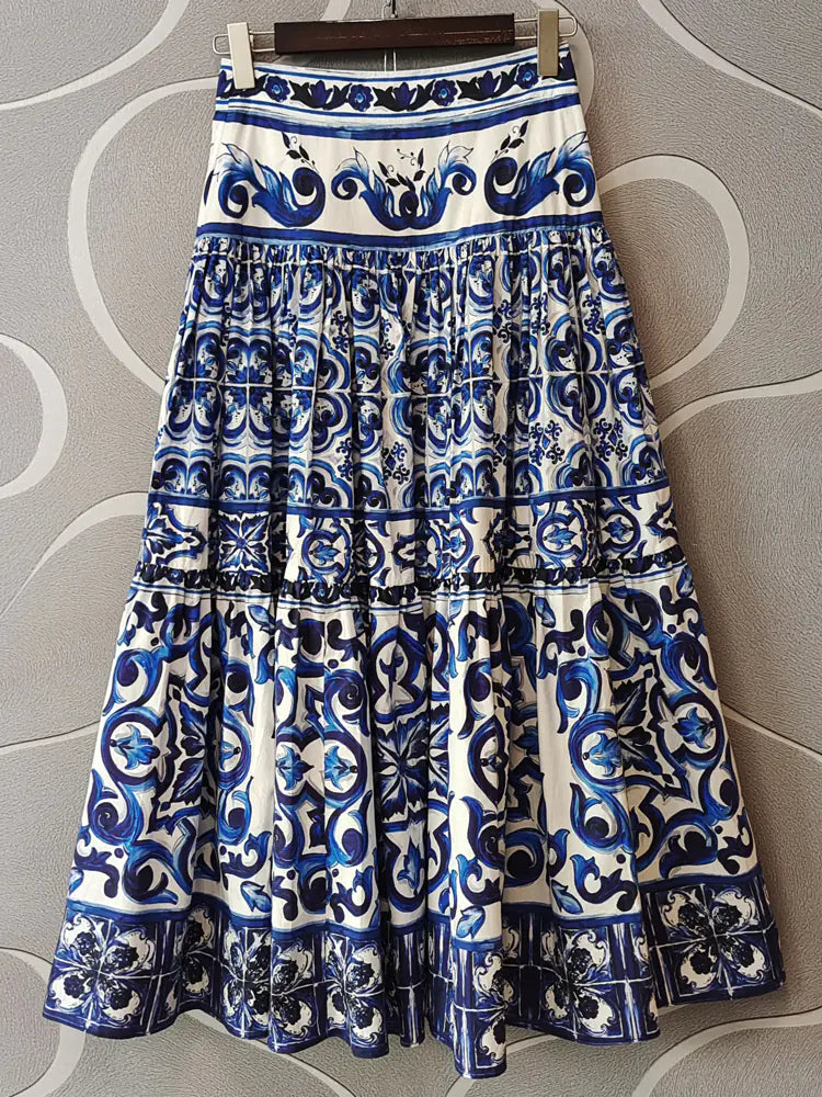 Navy Blue Floral Print Cotton Short Skirt for Women