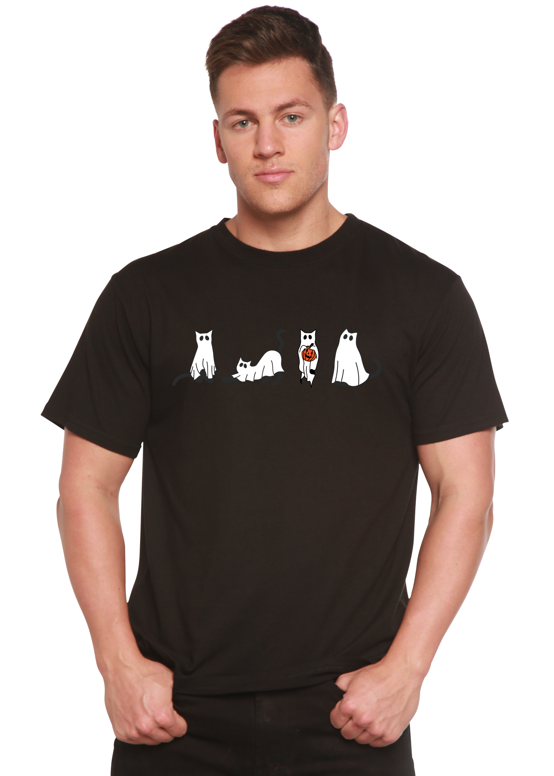 Halloween Cats Men's Bamboo Viscose/Organic Cotton Short Sleeve Graphic T-Shirt Spun Bamboo