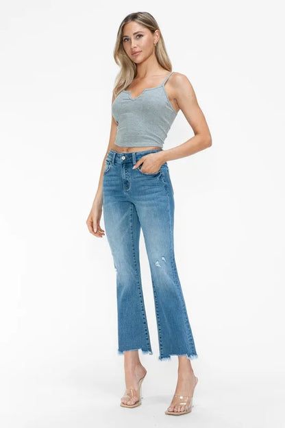 bytos Raw Hem Distressed Mid Rise Crop Jeans New Era Fashion LLc