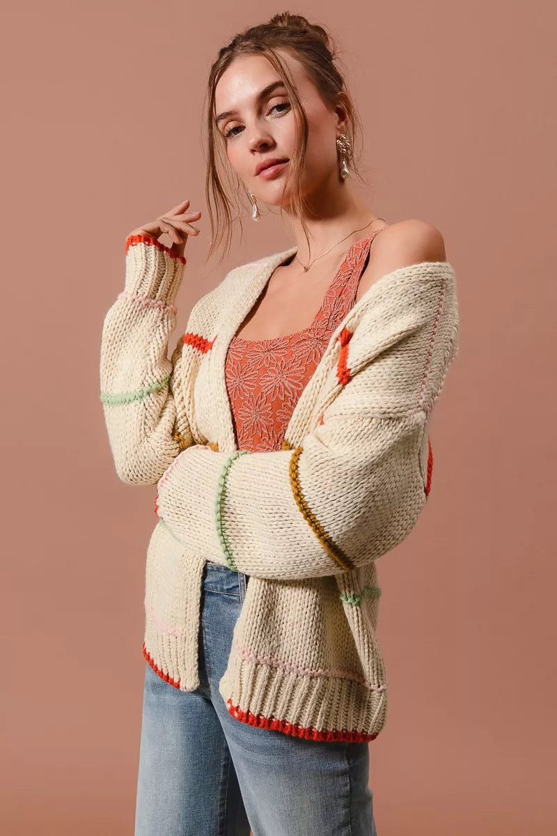 SO ME Loose Fit Multi Stripe Open Front Cardigan FitiqueFit