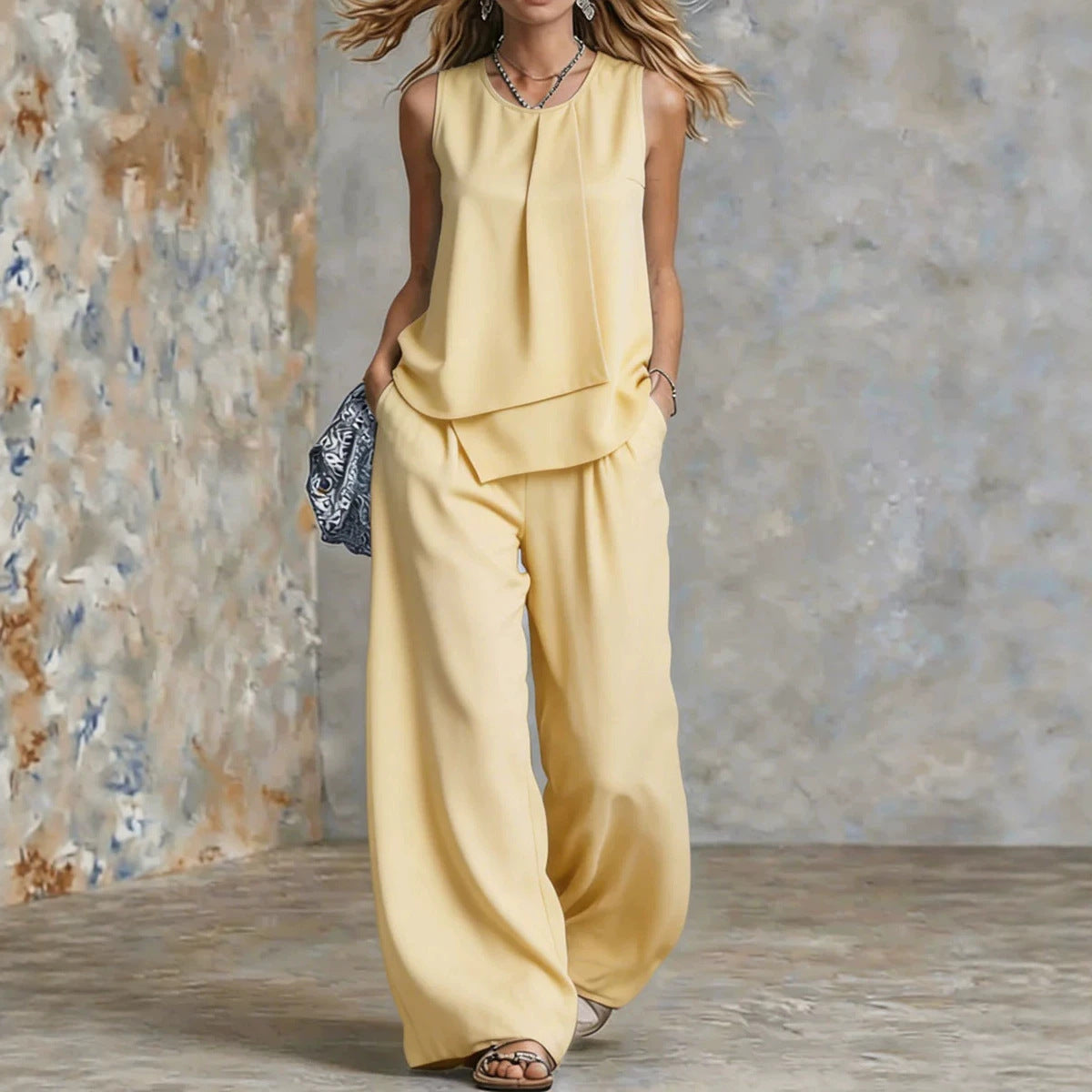 Women's Sleeveless Two-Piece Set – Solid Color Wide-Leg Pants & Top FitiqueFit