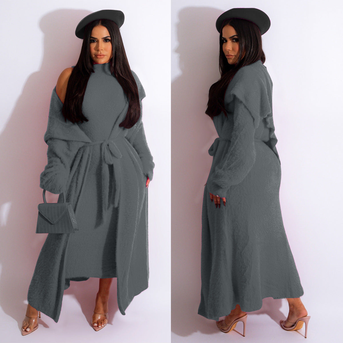 Autumn And Winter Elegant Dress Long Cardigan Velvet Two-piece Suit Grayceful LLC