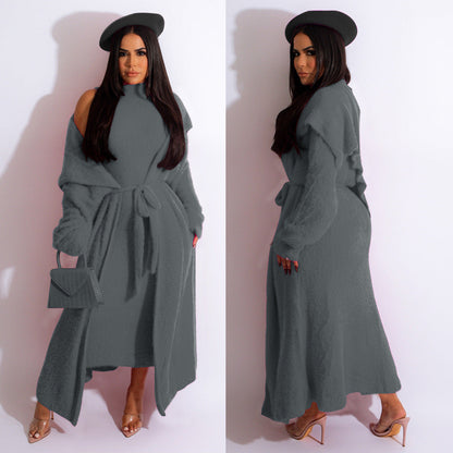 Autumn And Winter Elegant Dress Long Cardigan Velvet Two-piece Suit Grayceful LLC