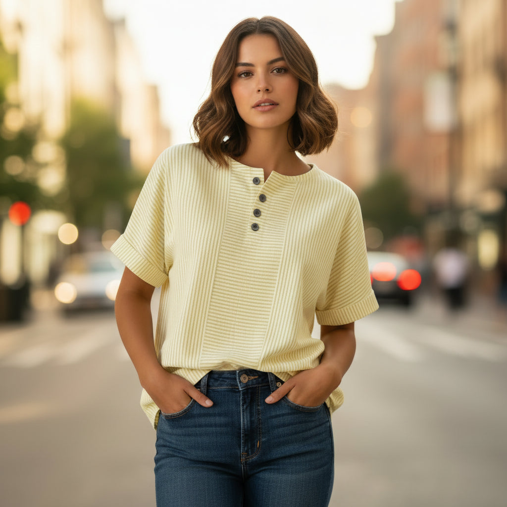 Women's Cotton Linen Striped T-Shirt – V-Neck, Button Detail, Loose Fit FitiqueFit
