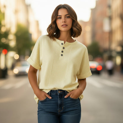 Women's Cotton Linen Striped T-Shirt – V-Neck, Button Detail, Loose Fit FitiqueFit