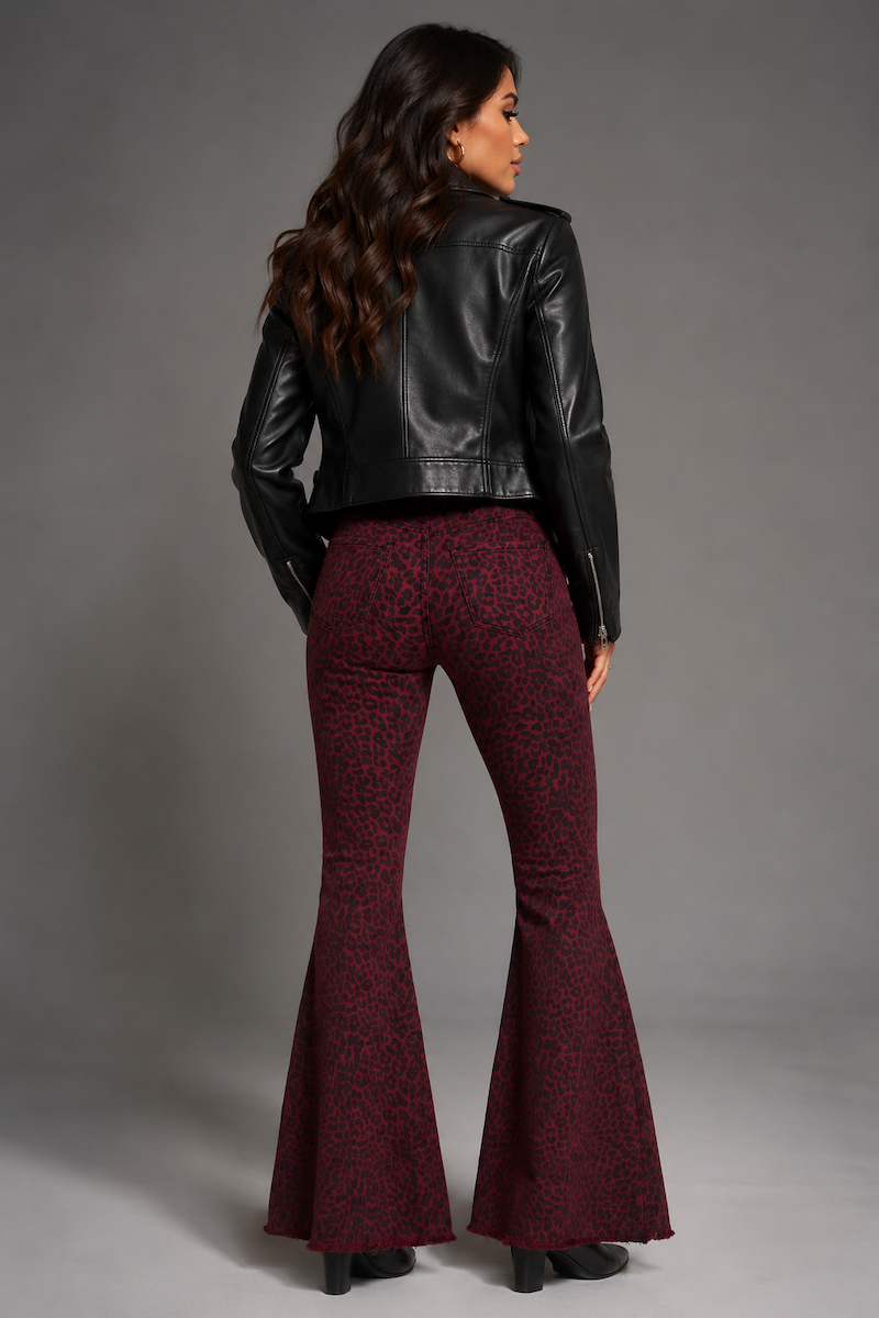 Leopard Print Bell Bottom Pant in Burgundy GJG DENIM