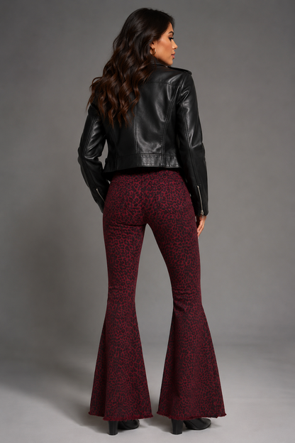 Leopard Print Bell Bottom Pant in Burgundy GJG DENIM