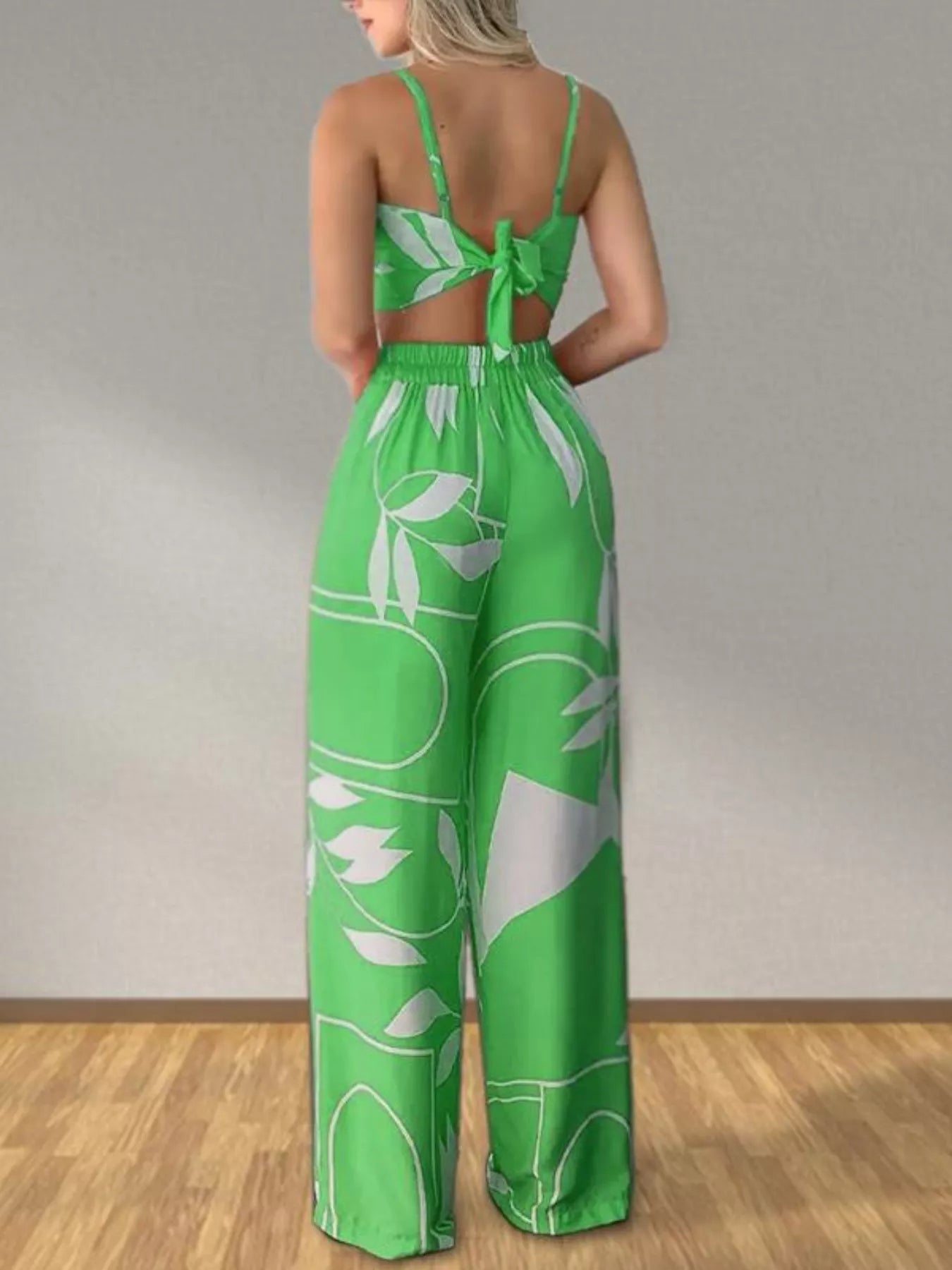 Tropical Print Spaghetti Strap Crop Top and Wide Leg Pants Set New Era Fashion LLc
