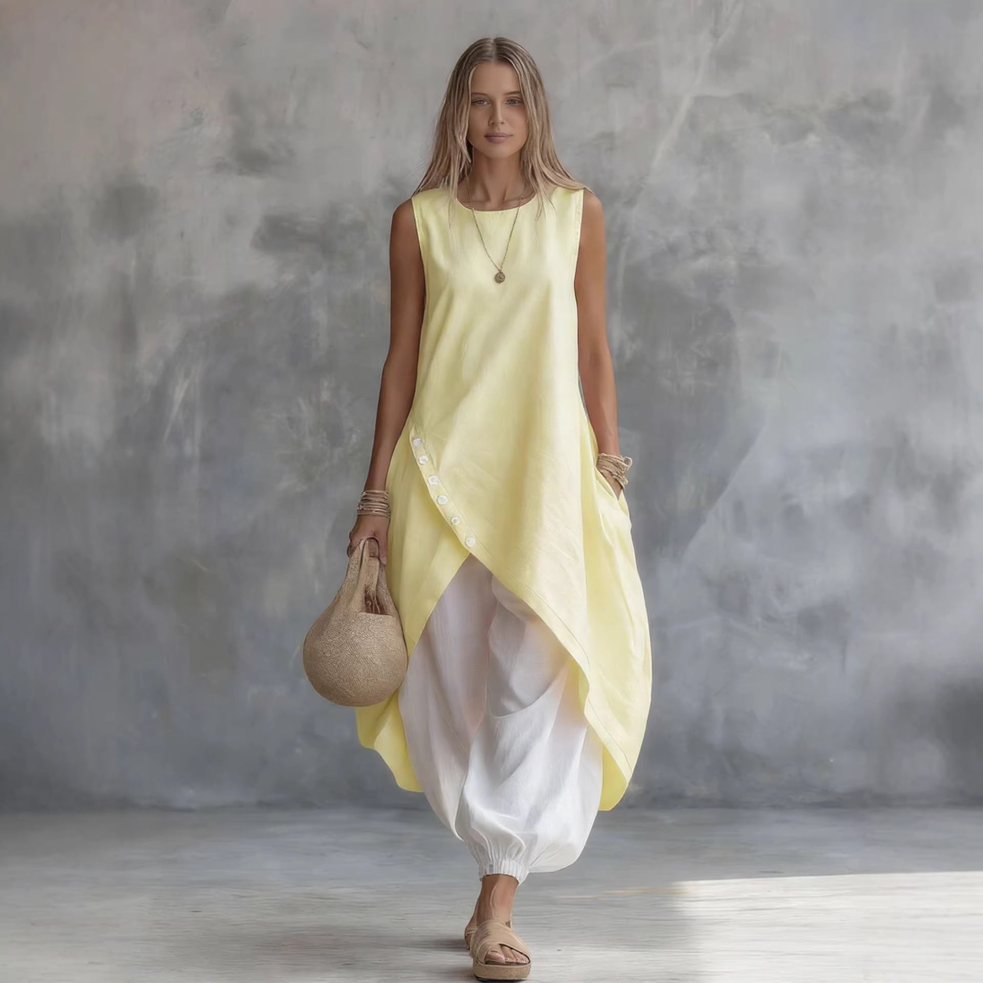 Solid-Color Sleeveless Loose-Fit Dress With Patch Pockets FitiqueFit