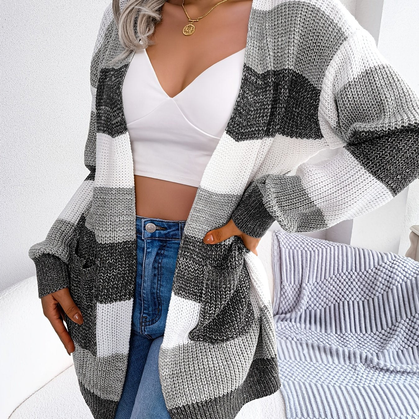 Striped Colorblock V-neck Cardigans, Casual Loose Drop Shoulder Long Sleeve Fall Winter Knit Cardigan, Women's Clothing NovaCart
