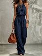 Women's Sleeveless Backless Lace-Up Halter Wide-Leg Jumpsuit FitiqueFit