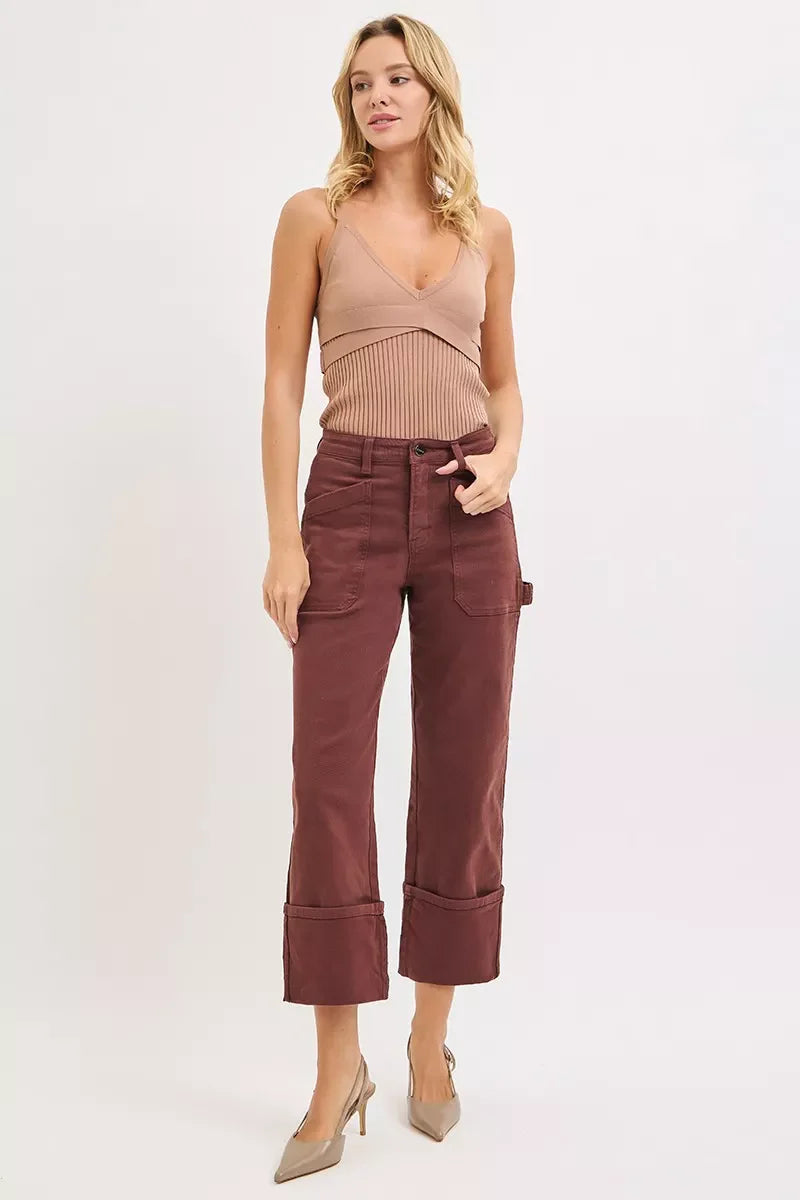 RISEN Full Size High Rise Wide Straight Cuffed Patch Jeans Plus Size West2East Surf