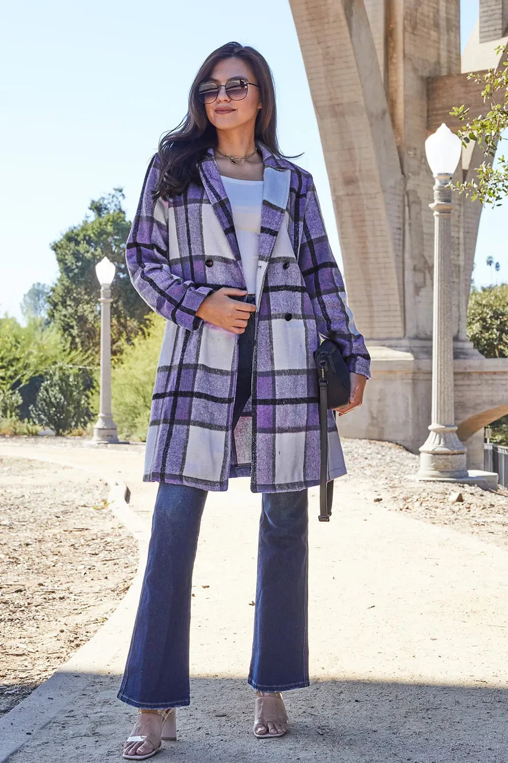 Double Take Full Size Plaid Button Up Lapel Collar Coat West2East Surf
